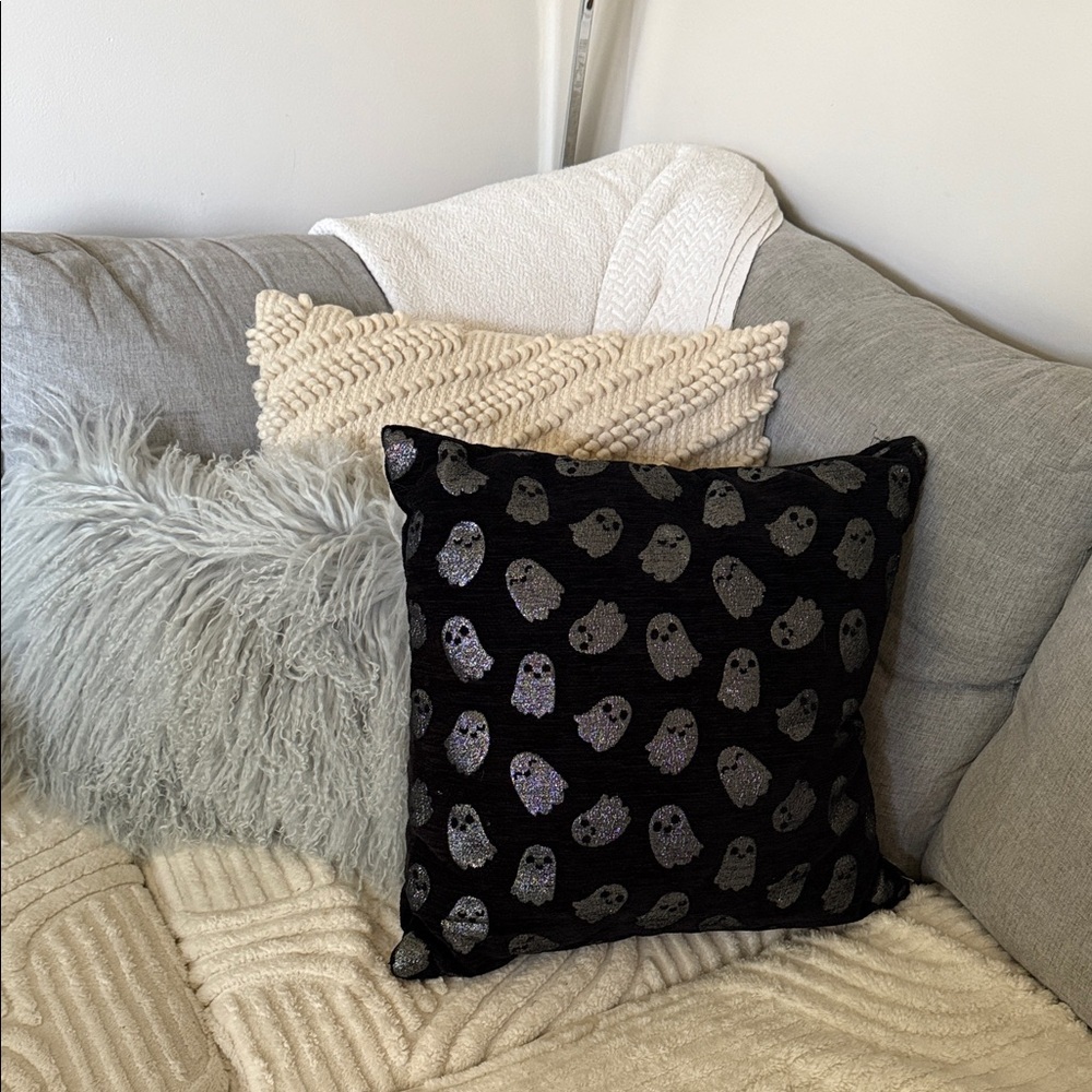 Imagaschoni Black Halloween  Pillow with silver  Ghost Pattern NWOT